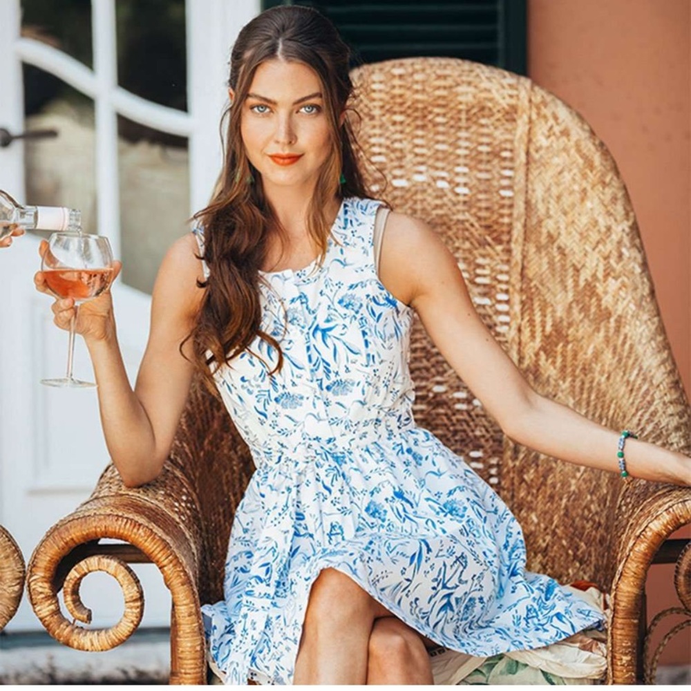 Kiel James Patrick Linen Cotton Blend Nautical Blue and White Belted Dress XS